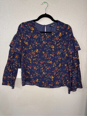 Madewell Navy Floral Ruffle Sleeve Blouse Size Small Boho Romantic Top Prairie
